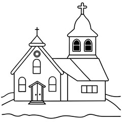 A snow-covered church with a bell tower