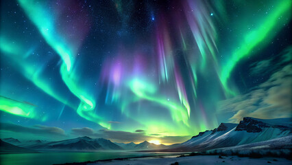 Fototapeta premium Northern Lights over snow-capped mountains with starry sky reflection
