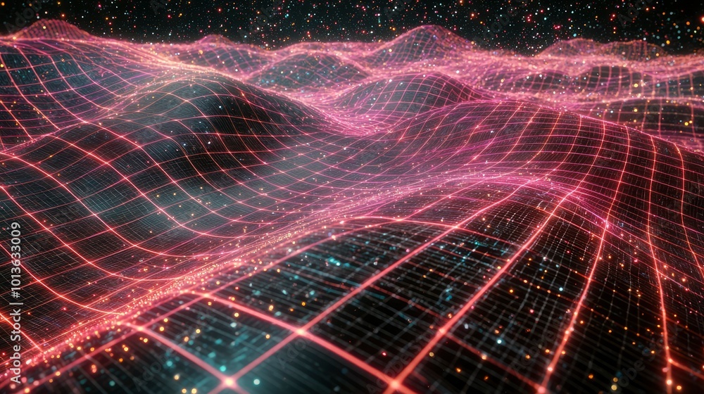 Poster glowing grid pattern on wavy surface with scattered lights