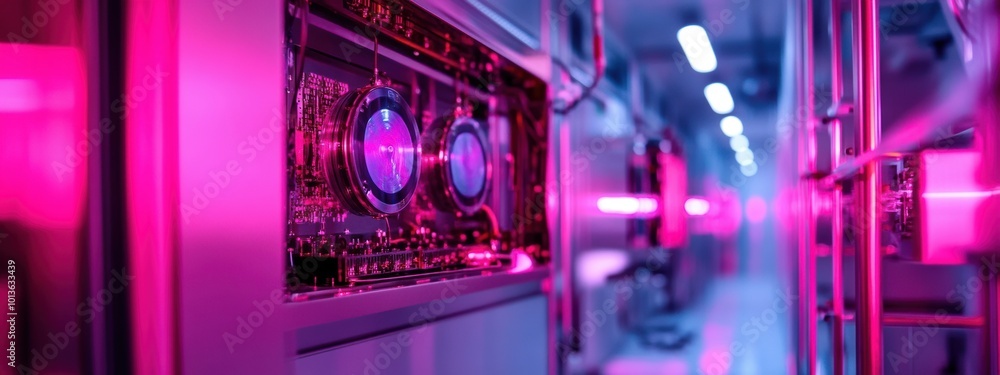 Poster quantum computing core in a cryptography lab, vibrant pink hues illuminate advanced technology, show