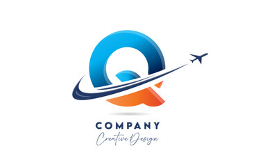 Q corporate letter alphabet logo icon design with swoosh plane suitable for an air or aerospace travel company or business