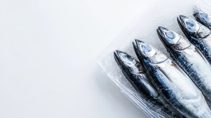 Close-up of mackerel in sealed packaging, placed on a white background with space for branding or text, ideal for seafood advertising.