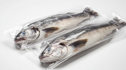 Close-up of sea bass in sealed packaging, placed on a clean white background, ideal for grocery store or seafood product promotions.
