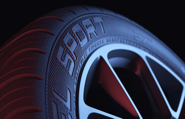 Racing wheel banner. Shadows in neon lighting. Realistic 3D render.
