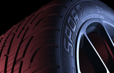 Close-up of a sport tire with red and blue illumination. Realistic 3d render.