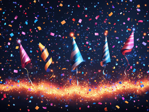 Fun New Year's Day 2025 festive email signatures illustrations with bright colors and celebratory icons like party hats, streamers, and confetti