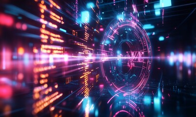 Neon lights form abstract digital tunnel.
