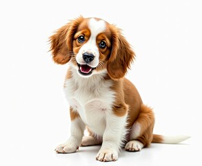 Adorable Kooikerhondje Puppy with Floppy Ears Sitting on White Background