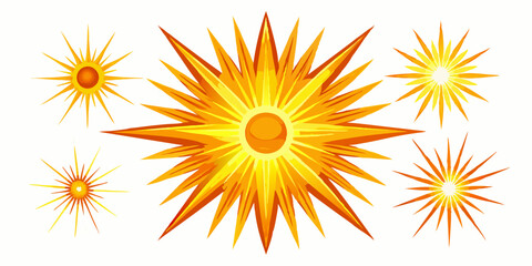 Set of Sunburst Effects: sunbursts including radiating rays, lens flares, and glowing highlights.

