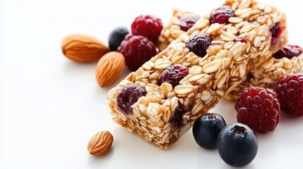 This energy bar features a delightful mix of fresh berries and nuts, beautifully arranged to highlight its natural, health-conscious ingredients on a clean white surface