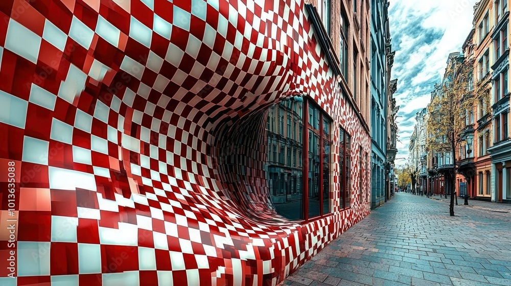 Poster checkerboard pattern building wall with distorted reflections