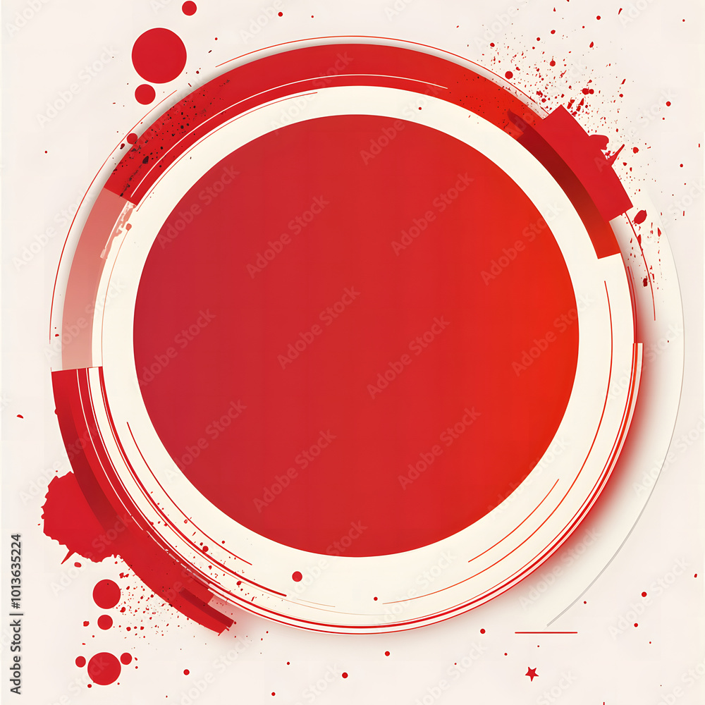 Poster red and white background, a circular geometric shape with a circle pattern decoration in the middle 