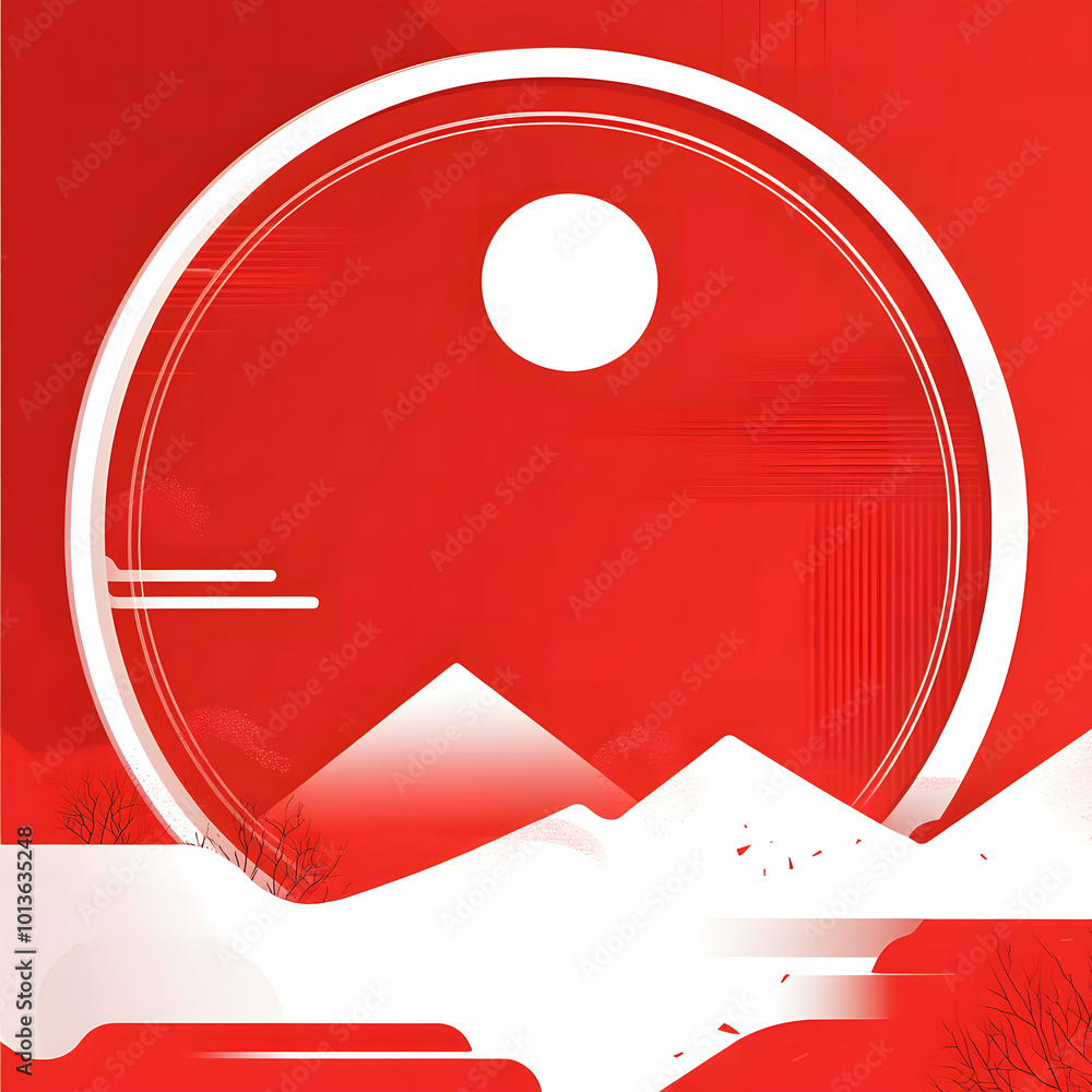 Poster red and white background, a circular geometric shape with a circle pattern decoration in the middle 