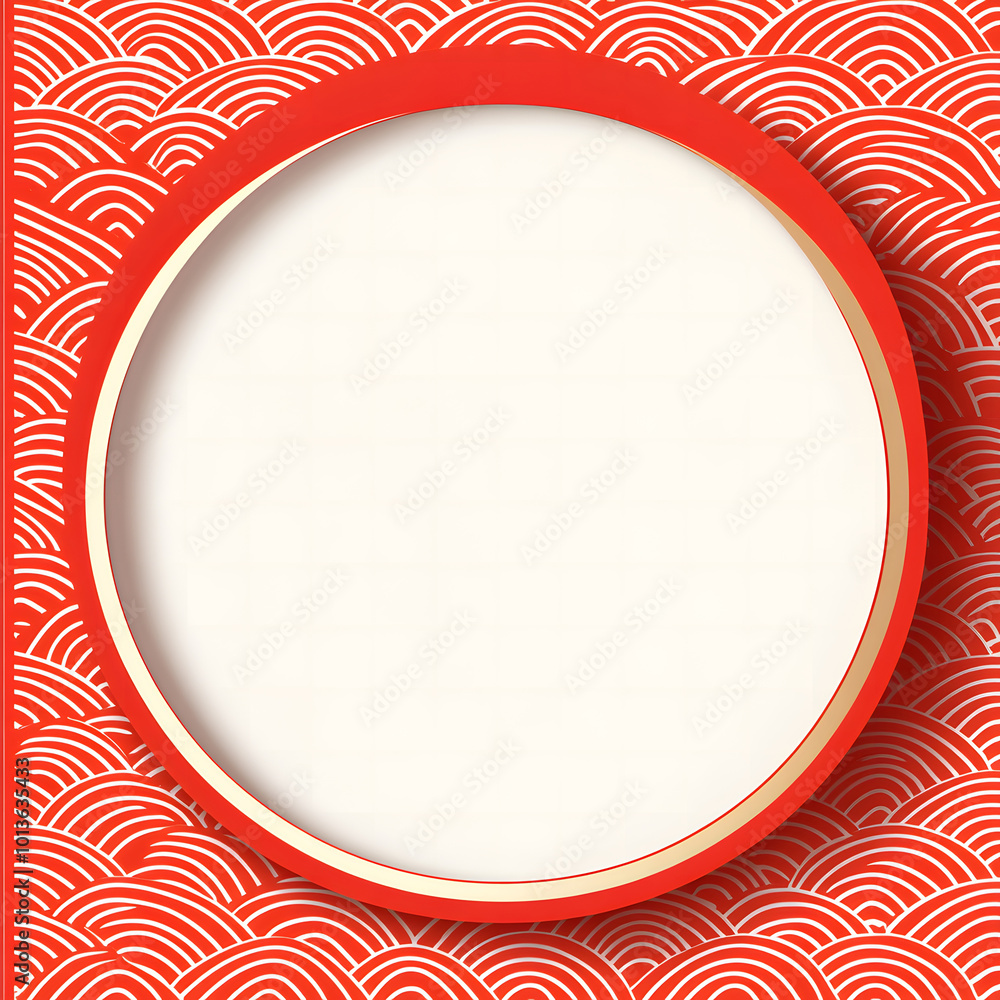 Poster red and white background, a circular geometric shape with a circle pattern decoration in the middle 