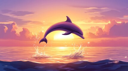 A dolphin leaps out of the water at sunset, creating a splash and a circle of light around it.