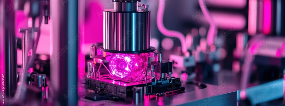 Poster quantum computing core in a vibrant pink cryptography lab, showcasing advanced technology and futuri