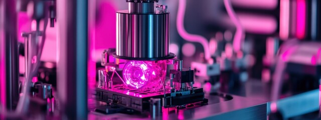 Quantum computing core in a vibrant pink cryptography lab, showcasing advanced technology and futuristic design elements.