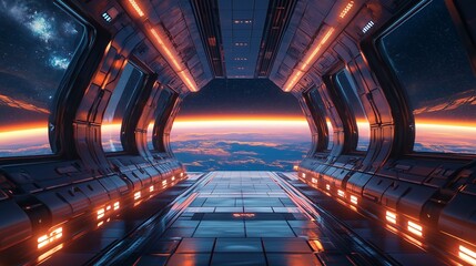 Futuristic Corridor with Reflective Tile Surface