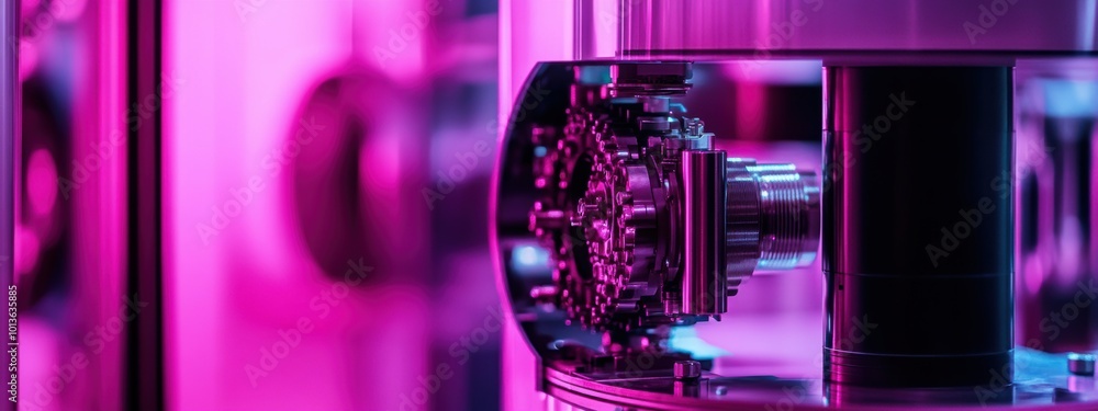 Poster quantum computing core in a vibrant pink cryptography lab, advanced technology, intricate circuitry,