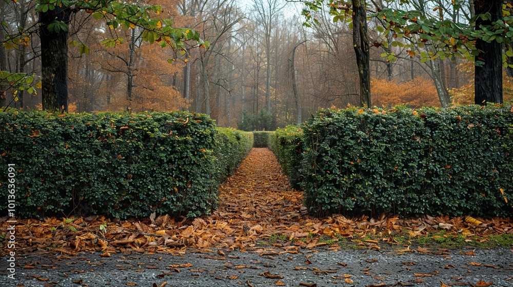 Poster Autumn Path Through a Green Hedge in a Forest