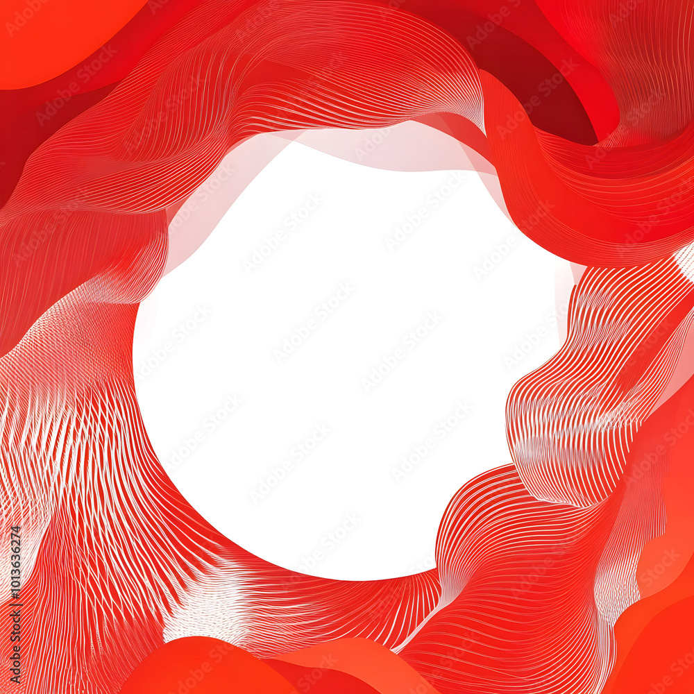 Poster red and white background, a circular geometric shape with a circle pattern decoration in the middle 