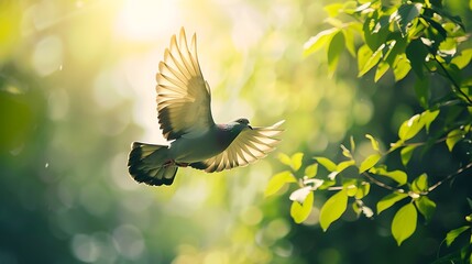 Obraz premium A serene image of a pigeon flying gracefully through a vibrant natural environment, with a clear sky and surrounding greenery