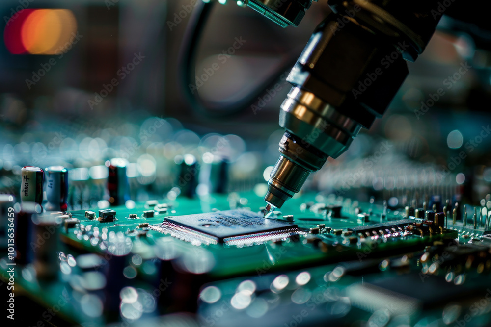 Poster a close up of a computer chip being inspected under a microscope