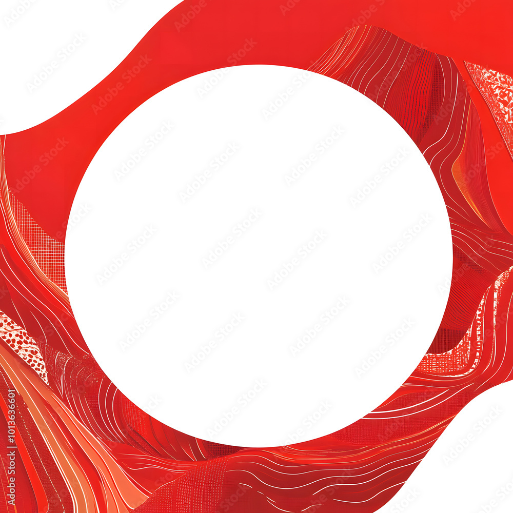 Poster red and white background, a circular geometric shape with a circle pattern decoration in the middle 