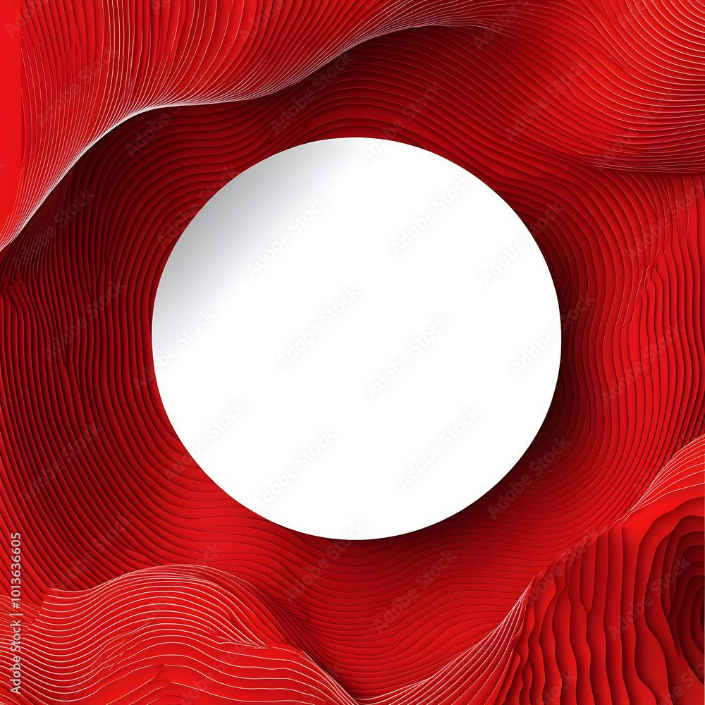 Poster red and white background, a circular geometric shape with a circle pattern decoration in the middle 