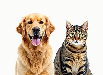 Golden Retriever Puppy and Tabby Cat Sitting Together on White Background