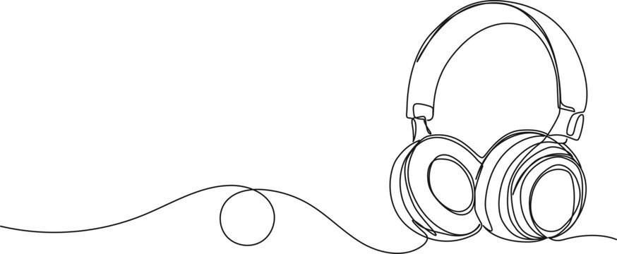 continuous single line drawing of ever-ear stereo headphones, line art vector illustration