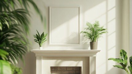 A minimalist interior scene featuring a fireplace and potted plants, emphasizing natural light.