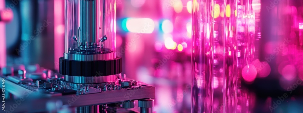 Poster quantum computing core in vibrant pink, located in an advanced quantum cryptography laboratory, show