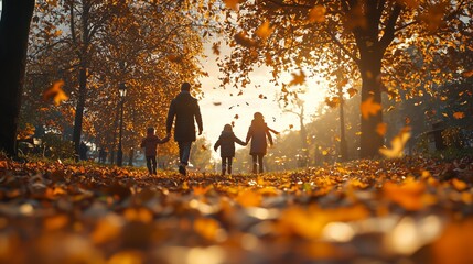 Family Strolling Through Autumn Leaves in Peaceful Scene