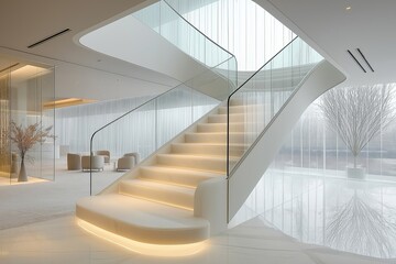 Obraz premium Modern staircase design with elegant lighting in a minimalist interior space during daylight