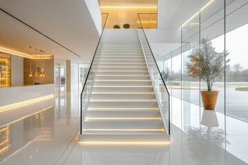 Fototapeta premium Modern staircase with ambient lighting in a minimalist lobby during daylight hours