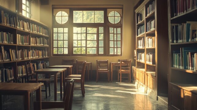 A vintage library filled with South Asian literature, old wooden chairs and soft lighting, copy space