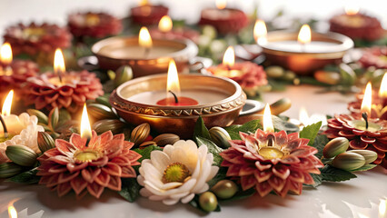 3D Glossy Diwali Decorations: Vibrant Background with Glowing Flowers & Leaves for Festive Celebrations