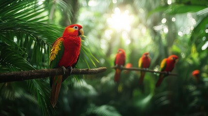 Vibrant red parrots perch on branches amidst lush greenery, illuminated by soft sunlight filtering through the rainforest canopy.