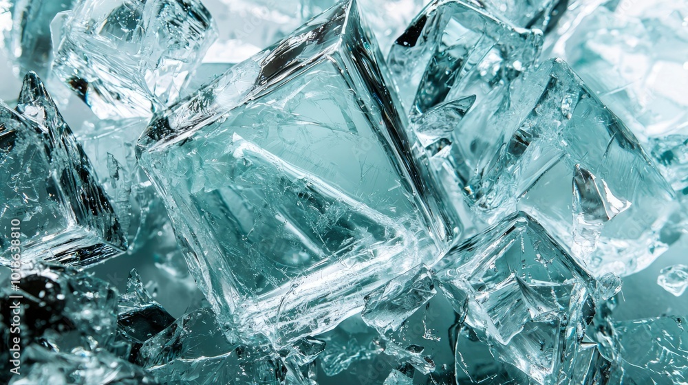 Poster a close-up of crystalline ice cubes with intricate patterns and reflections