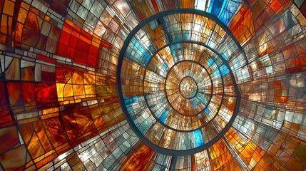Abstract Stained Glass Ceiling with Circular Pattern