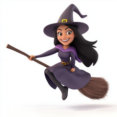 A friendly cartoon witch in a pointy hat, flying on her broomstick with a cheerful smile, set on white.
