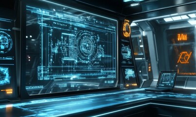Obraz premium Futuristic spaceship interior with glowing displays.