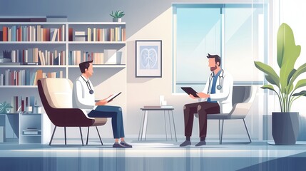 In a well-lit consultation room, a doctor explains a diagnosis while a patient listens attentively, fostering clear communication. Generative AI