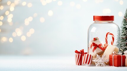 Festive Christmas scene with red ornaments, candy canes, wrapped gifts, and a snow globe, placed next to a snow-covered Christmas tree. Soft, glowing bokeh lights fill the light background.