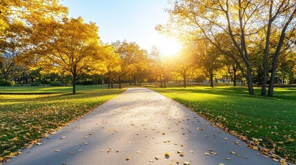 Obraz premium A sunlit park pathway lined with vibrant autumn trees, showcasing fallen leaves and a serene atmosphere.