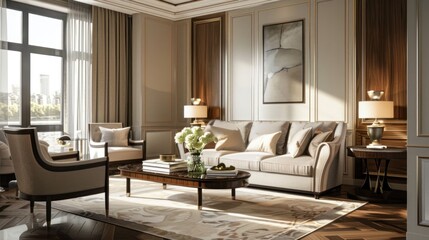 Living room decorated with elegant furniture and abstract paintings AI generated image