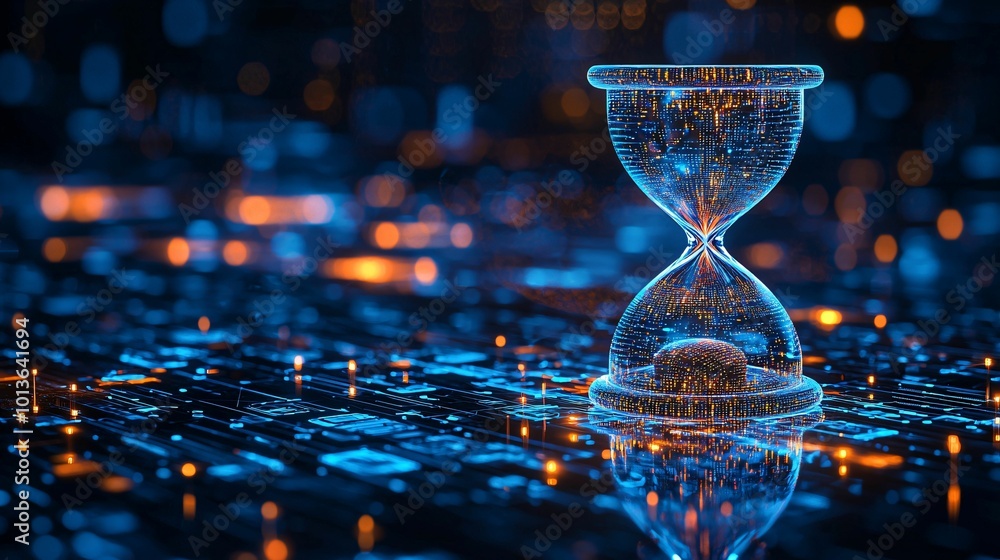 Poster digital hourglass glows in futuristic setting, surrounded by network of glowing circuits and lights.