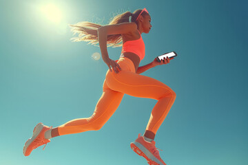 Obraz premium beautiful woman wear workout suit are running in the public garden, hand hold phone