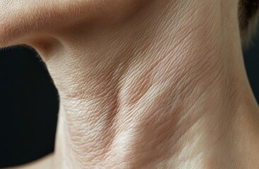 Close-up of the neck area, showing dry skin with fine lines and wrinkles around the collarbone area